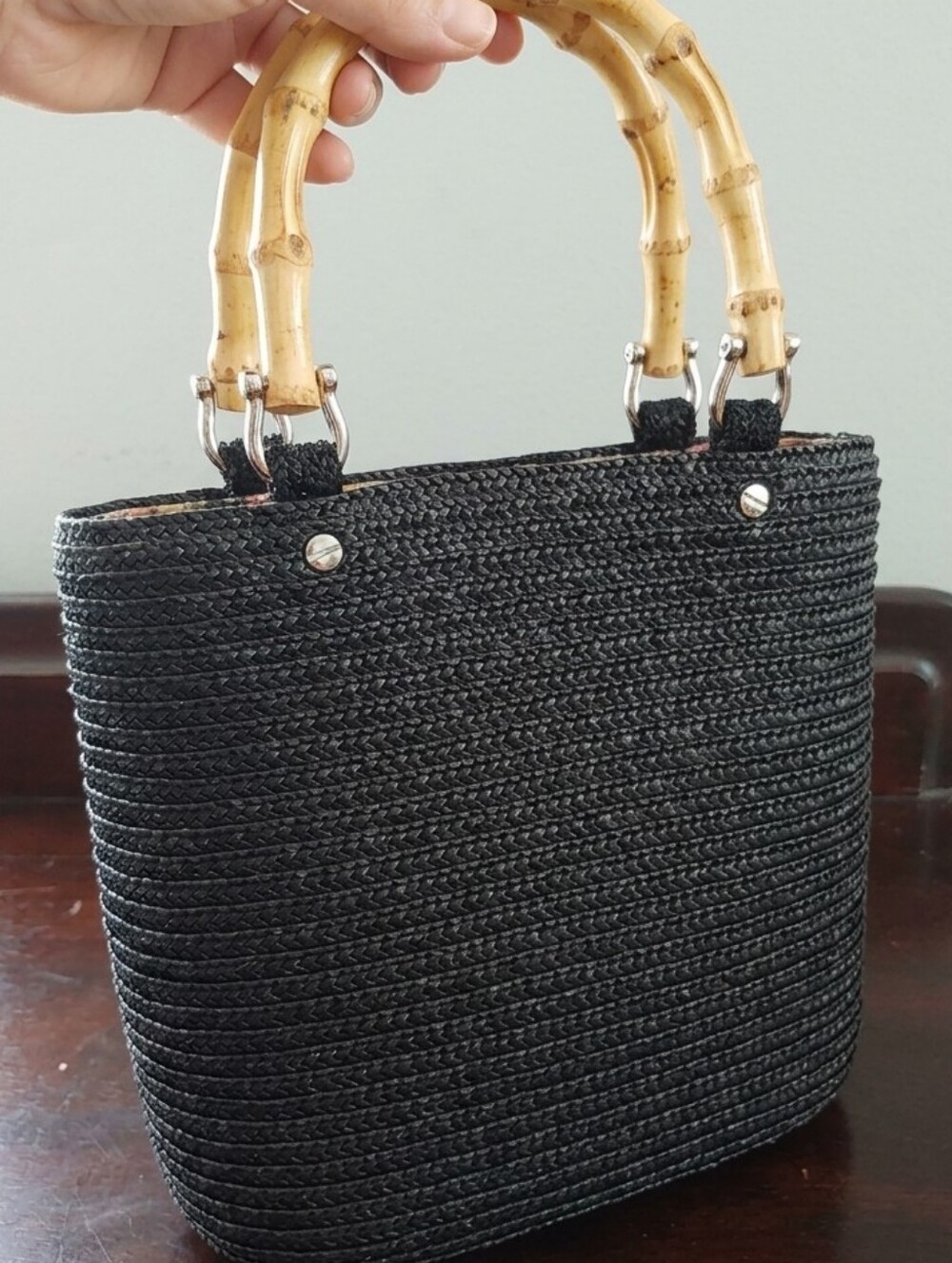 Madison Studio Black Straw Tote with Bamboo Handles